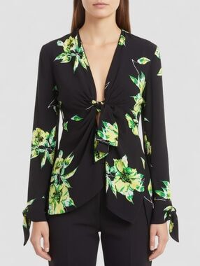 Proenza Schouler 100% Silk Floral Tie Front Keyhole Blouse Draped Top Size 4